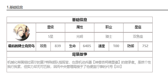 《第七史诗》最后的骑士克劳乌技能属性一览