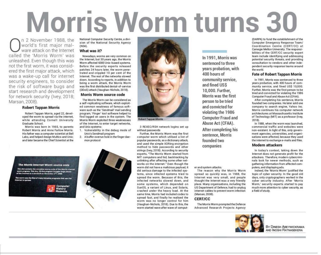 Robert Tappan Morris于1988年11月2日创造第一个worm名为Morris worm